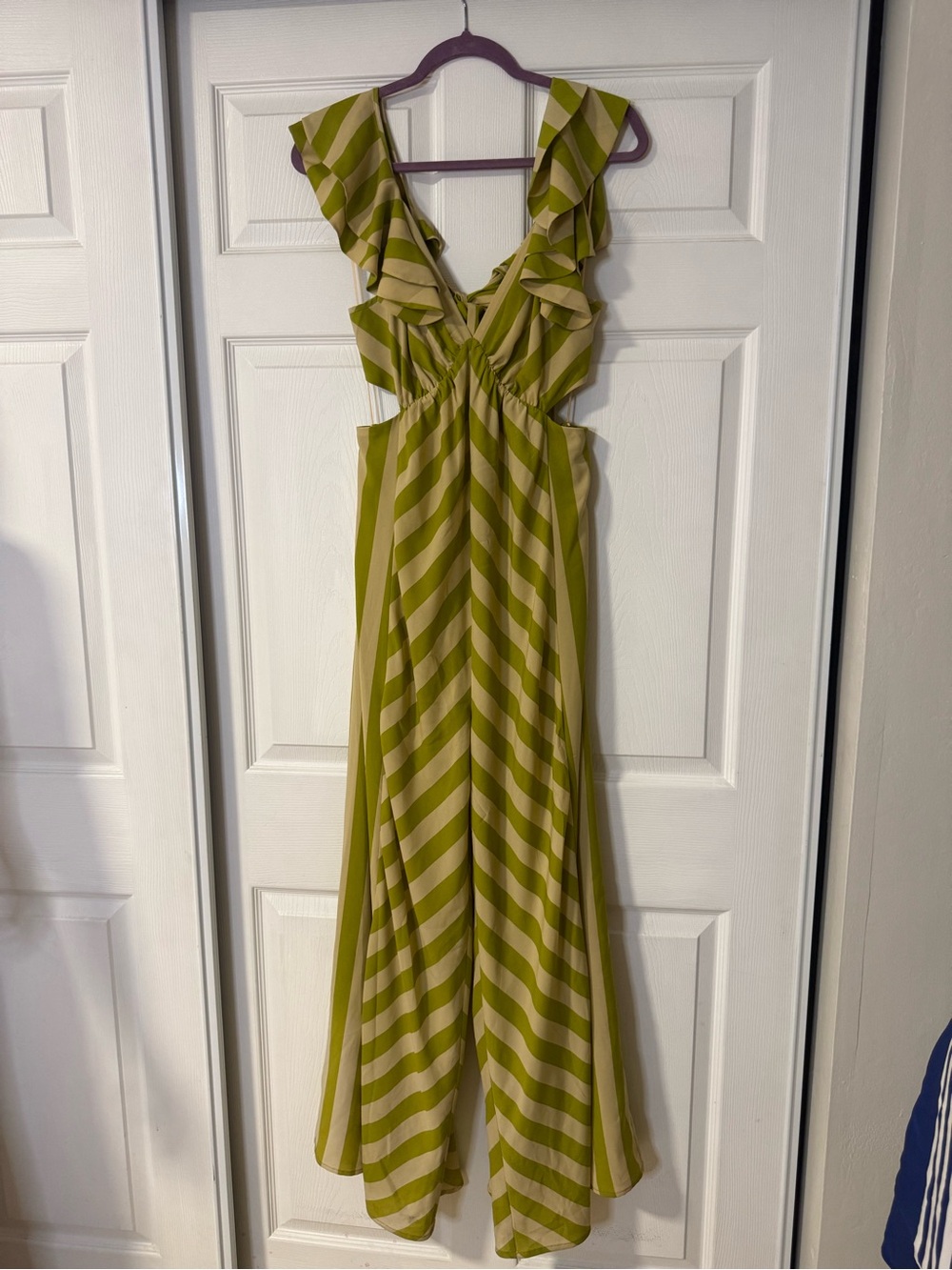 Green Striped Ruffle-Trim Jumpsuit